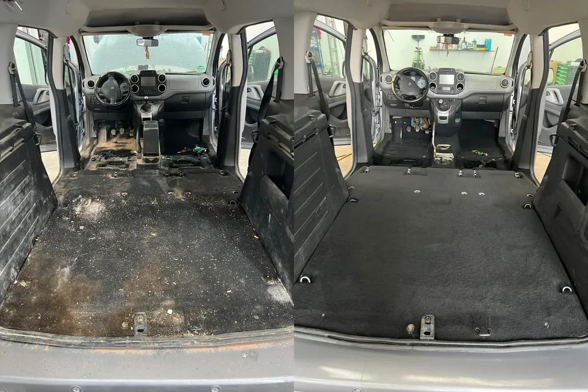 Antes y después de la limpieza de moqueta e interior de vehículo en Avalon.