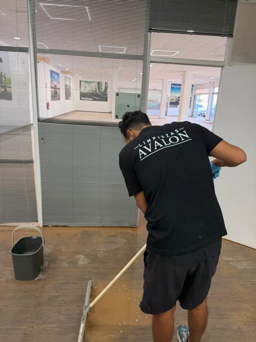 Durante: técnico con la camiseta oficial de Limpiezas Avalon trabajando con rodo y cubo.