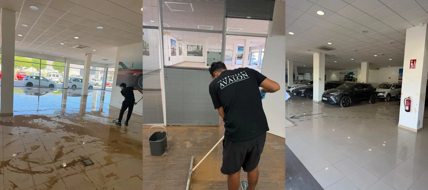 Caso real de Limpiezas Avalon en oficinas y concesionario: antes con agua y barro, durante con técnico uniformado de Limpiezas Avalon y después con suelo espejo.